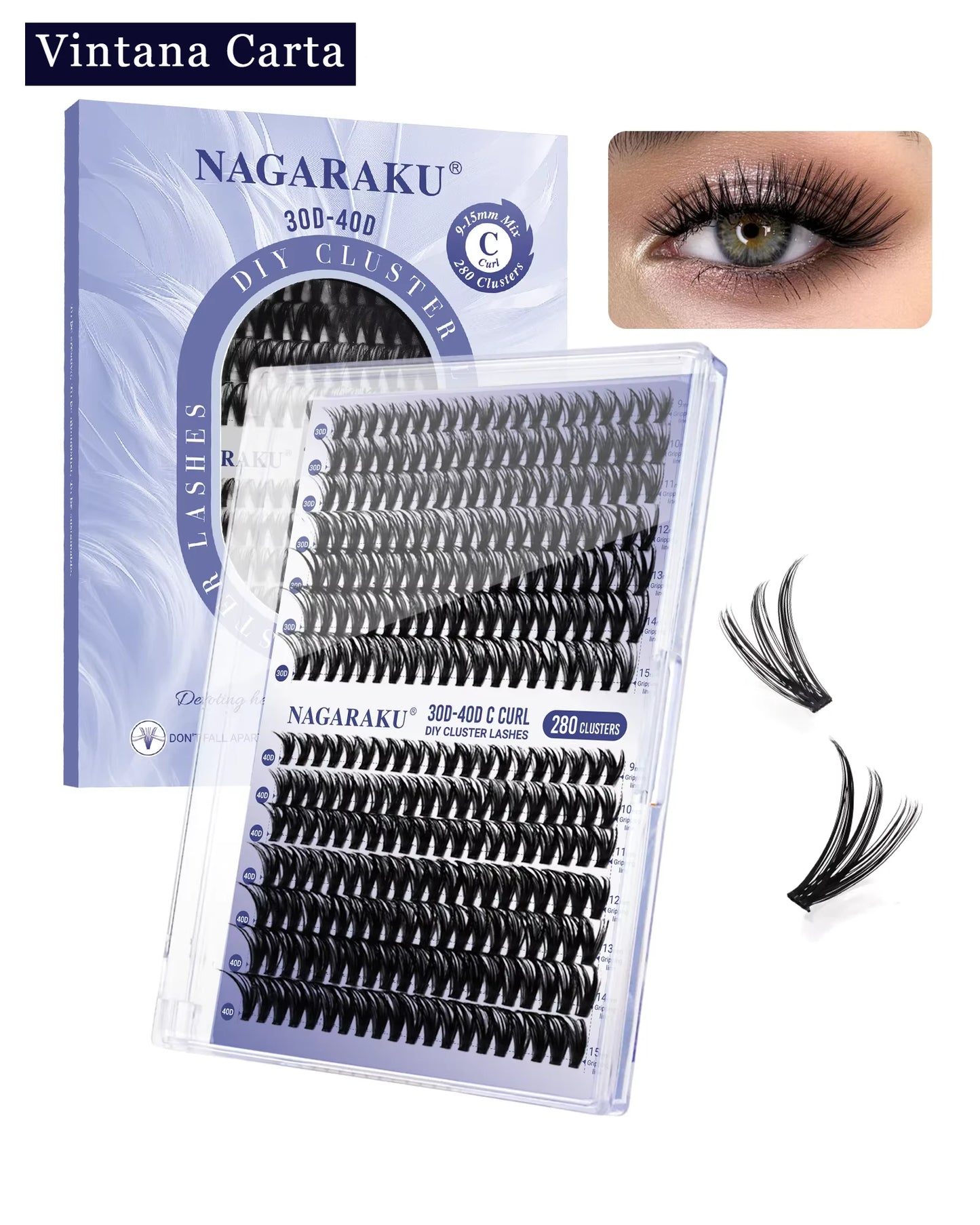 Packaging and individual false eyelashes displayed outside the packaging, indicating a D curl shape and varying lengths from 9-15mm.