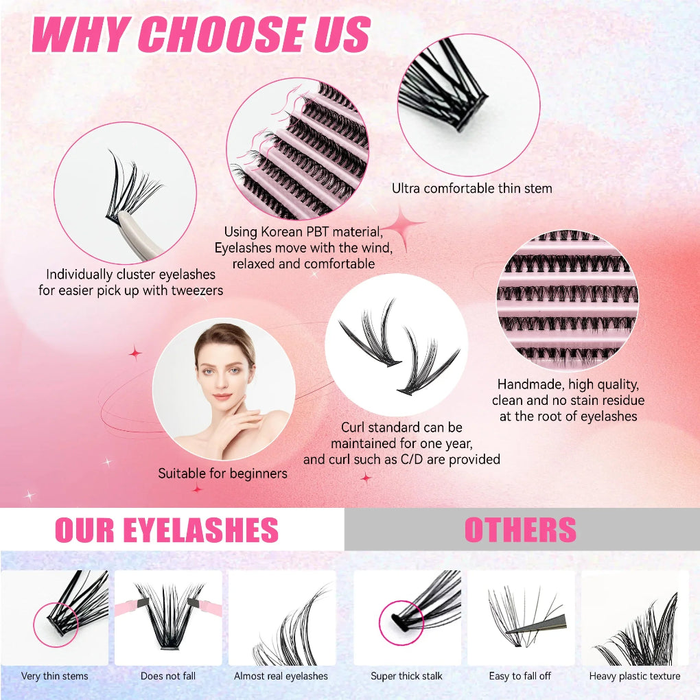 Promotional graphic for eyelashes with features and benefits on a pink background