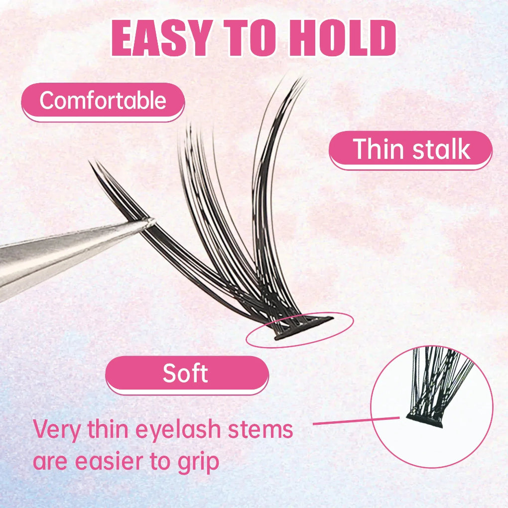 Eyelash product with text highlighting features like 'Easy to Hold', 'Comfortable', 'Thin stalk', and 'Soft'.