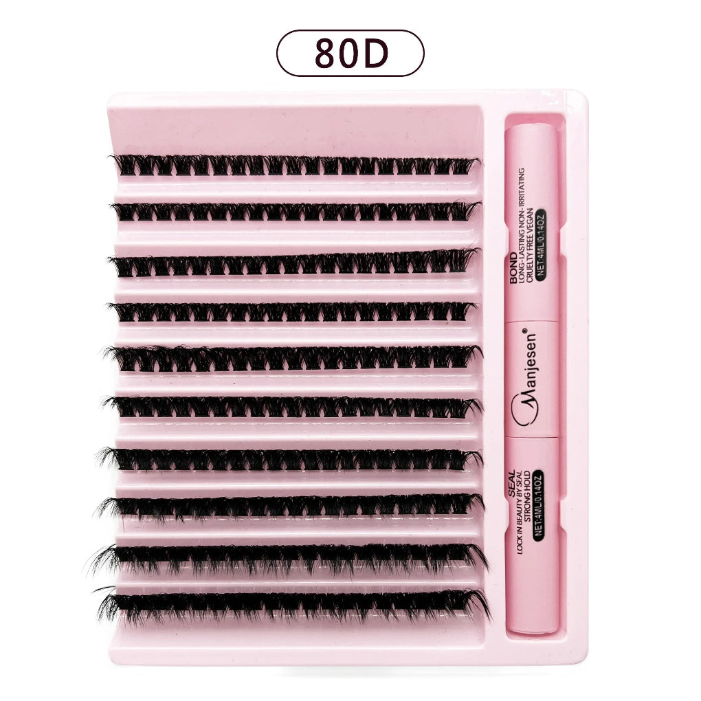 The image shows a cluster eyelash kit by Vintana Carta, which includes a box of 200 pieces of cluster lashes, a tube of eyelash adhesive, and a tube of clear lash top coat. The packaging is primarily pink with the lashes displayed in a cluster form.