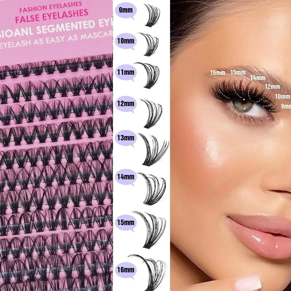 Cluster Eyelashes mix sizes , 9mm to 16mm lenght and there is a womens model or eyelashes
