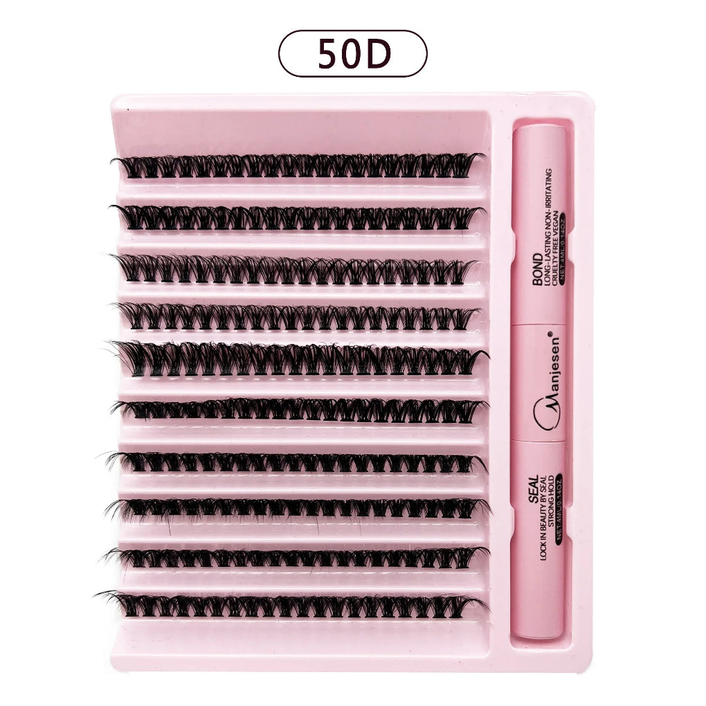 The image shows a cluster eyelash kit by Vintana Carta, which includes a box of 200 pieces of cluster lashes, a tube of eyelash adhesive, and a tube of clear lash top coat. The packaging is primarily pink with the lashes displayed in a cluster form.