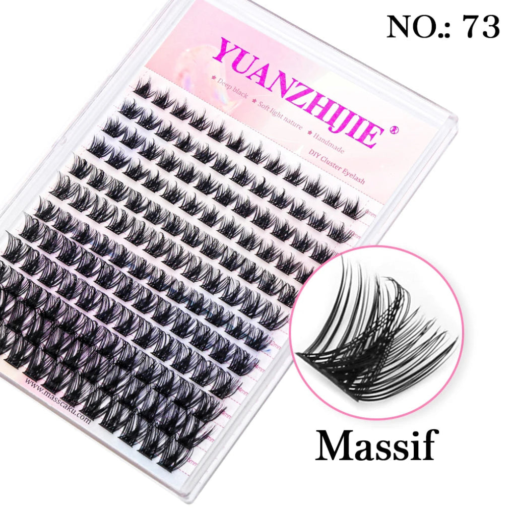 Packaging of YUANZHJIE brand false eyelashes with multiple clusters displayed, alongside an eye close-up showing the effect of the eyelashes.