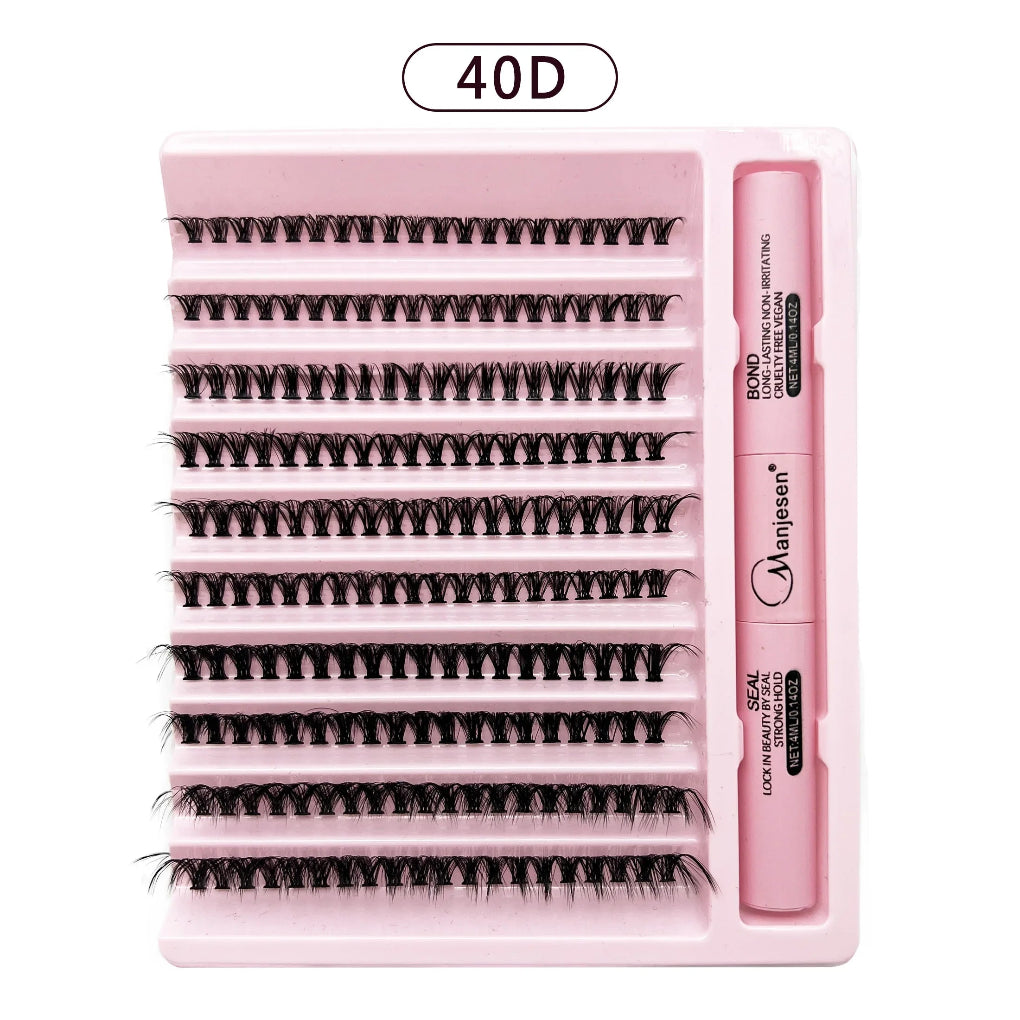 The image shows a cluster eyelash kit by Vintana Carta, which includes a box of 200 pieces of cluster lashes, a tube of eyelash adhesive, and a tube of clear lash top coat. The packaging is primarily pink with the lashes displayed in a cluster form.