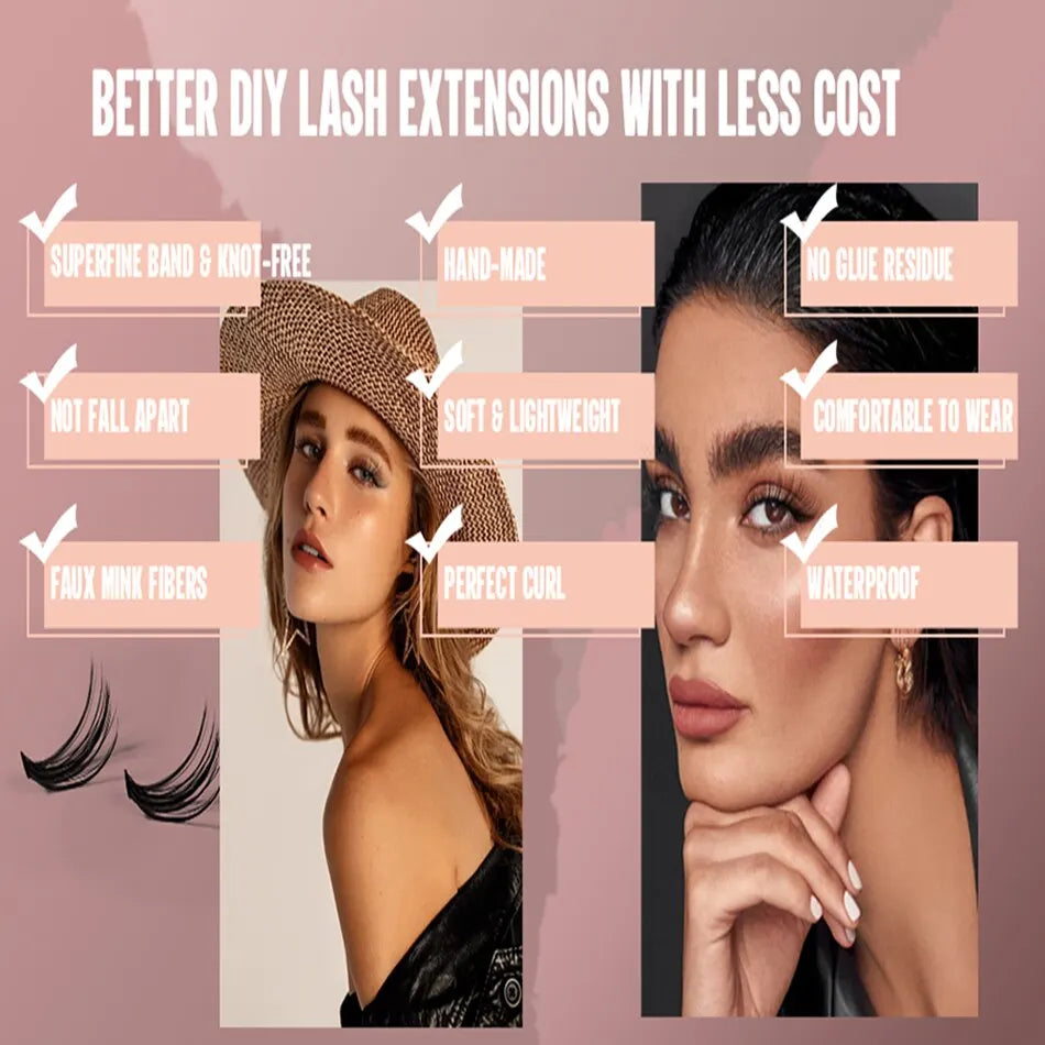 2 women model of adhesive eyelashes.DIY Lash, supreme band and knot free, not fall apart, fau mink fibers, hand made, soft and lightweight,perfect curl, no glue residue, comfortable to wear