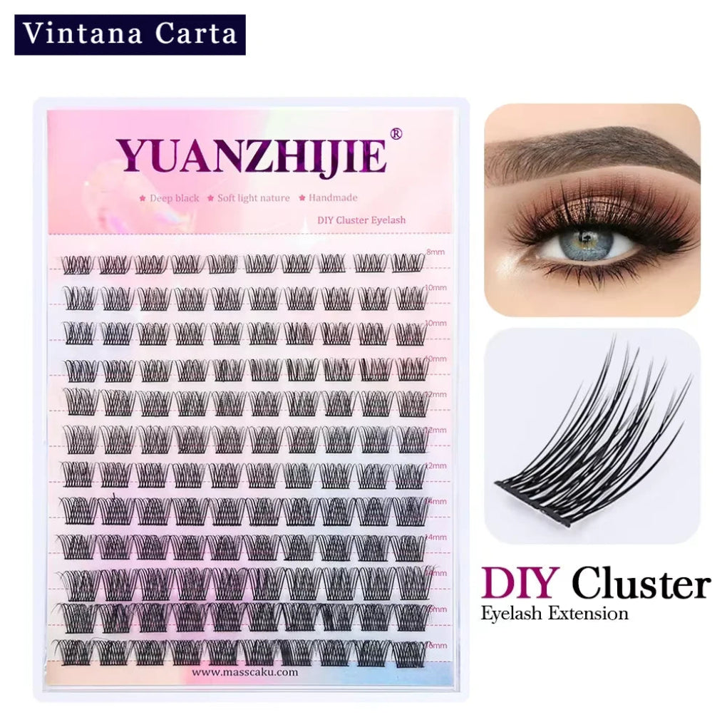 Packaging of YUANZHJIE brand false eyelashes with multiple clusters displayed, alongside an eye close-up showing the effect of the eyelashes.