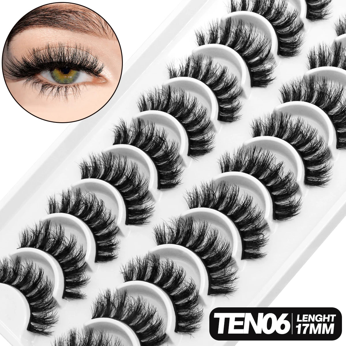 10pair of eyelashes, TEN06 Lenght 17mm with with one model eye