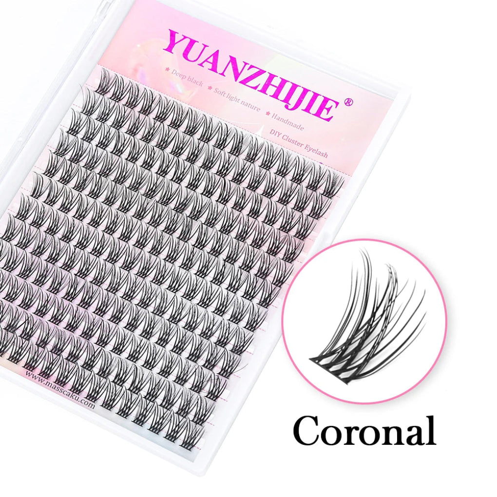 Packaging of YUANZHJIE brand false eyelashes with multiple clusters displayed, alongside an eye close-up showing the effect of the eyelashes.