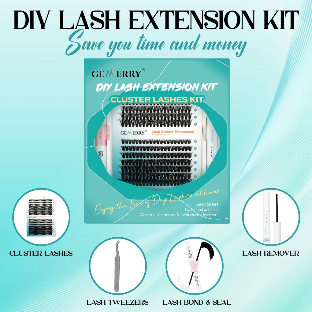 Gemerry DIY Lash Extension Kit packaging with cluster lashes, lash remover, tweezers, and bond & seal on a light blue background.