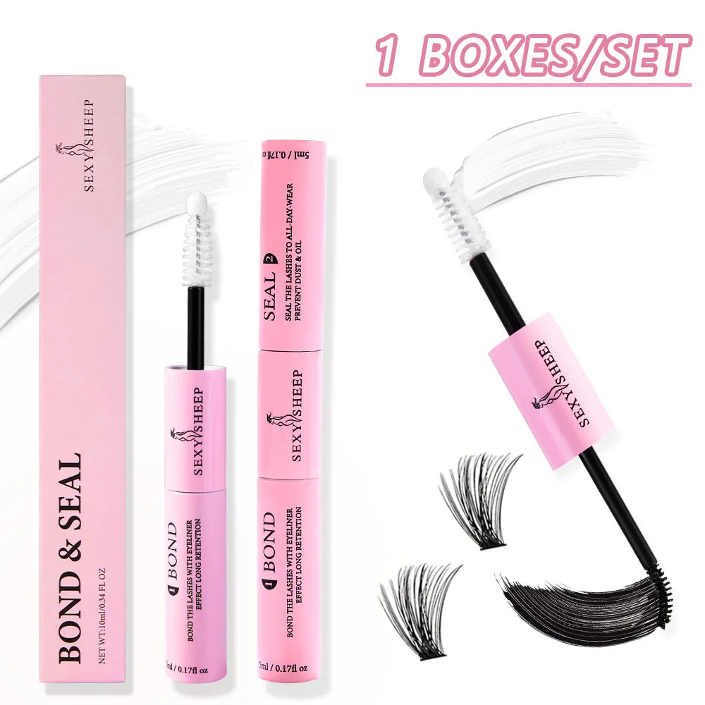 Eyelash Glue and Seal for Eyelash Clusters Strong Fixed Eyelash Glue Lasting 48H 2 in 1(5ml Black Glue + 5ml Clear Seal)