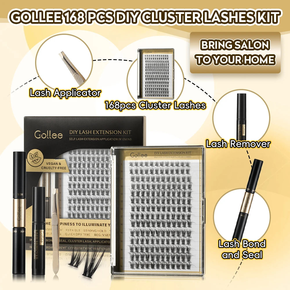 The image shows a DIY cluster lash kit with various components laid out, including applicator, lash remover, and lash bond and seal, with the kit's packaging visible in the background.