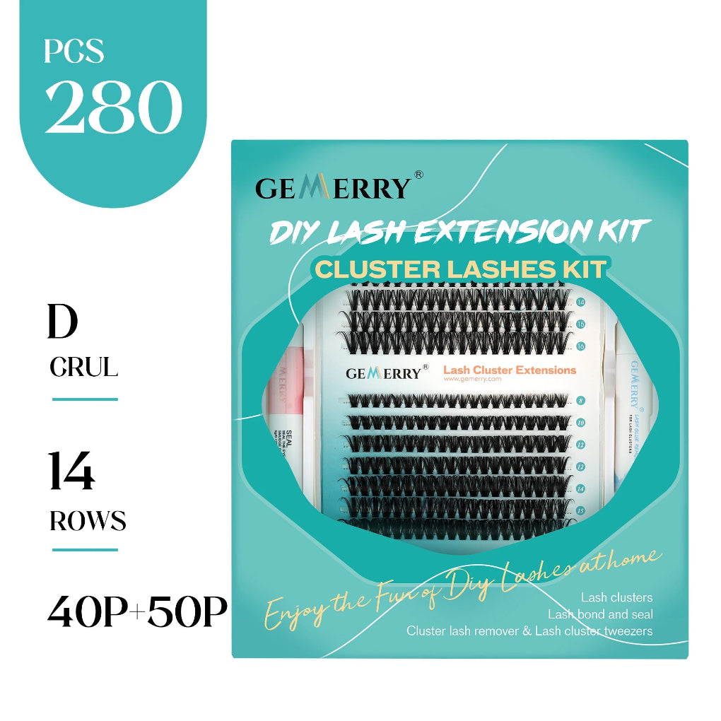 An eyelash extension kit by Vintana Carta, including 280 pieces of lash clusters, a tube of lash bond, a tube of seal, a tube of glue remover, and a tweezer.