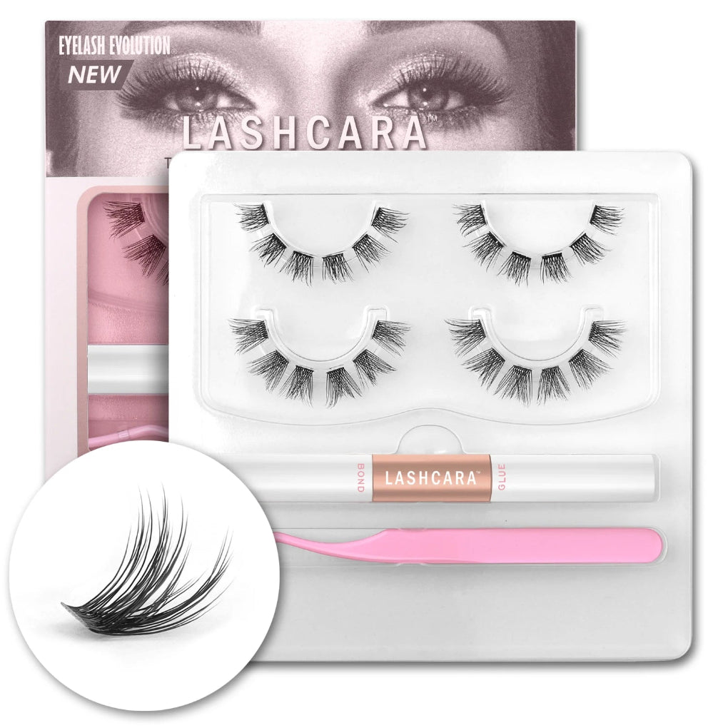 Packaging of DIY Eyelash Extension Individual Lashes with tweezers and eyelash glue. The packaging shows a pair of false eyelashes and includes a window displaying the contents inside.