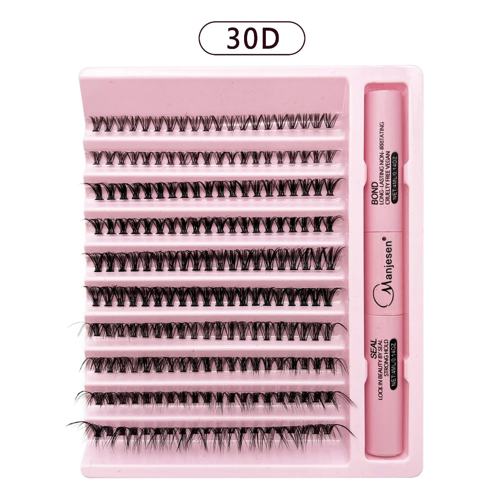 The image shows a cluster eyelash kit by Vintana Carta, which includes a box of 200 pieces of cluster lashes, a tube of eyelash adhesive, and a tube of clear lash top coat. The packaging is primarily pink with the lashes displayed in a cluster form.