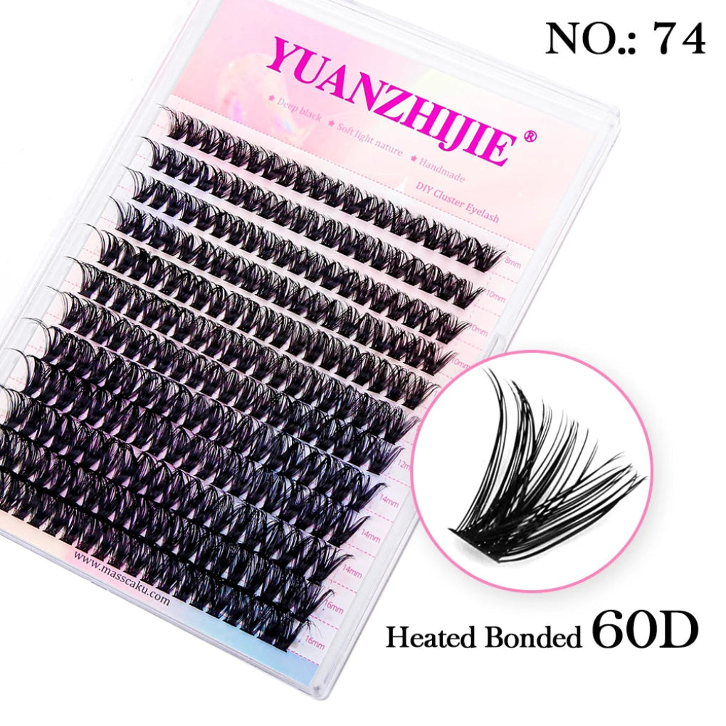 Packaging of YUANZHJIE brand false eyelashes with multiple clusters displayed, alongside an eye close-up showing the effect of the eyelashes.