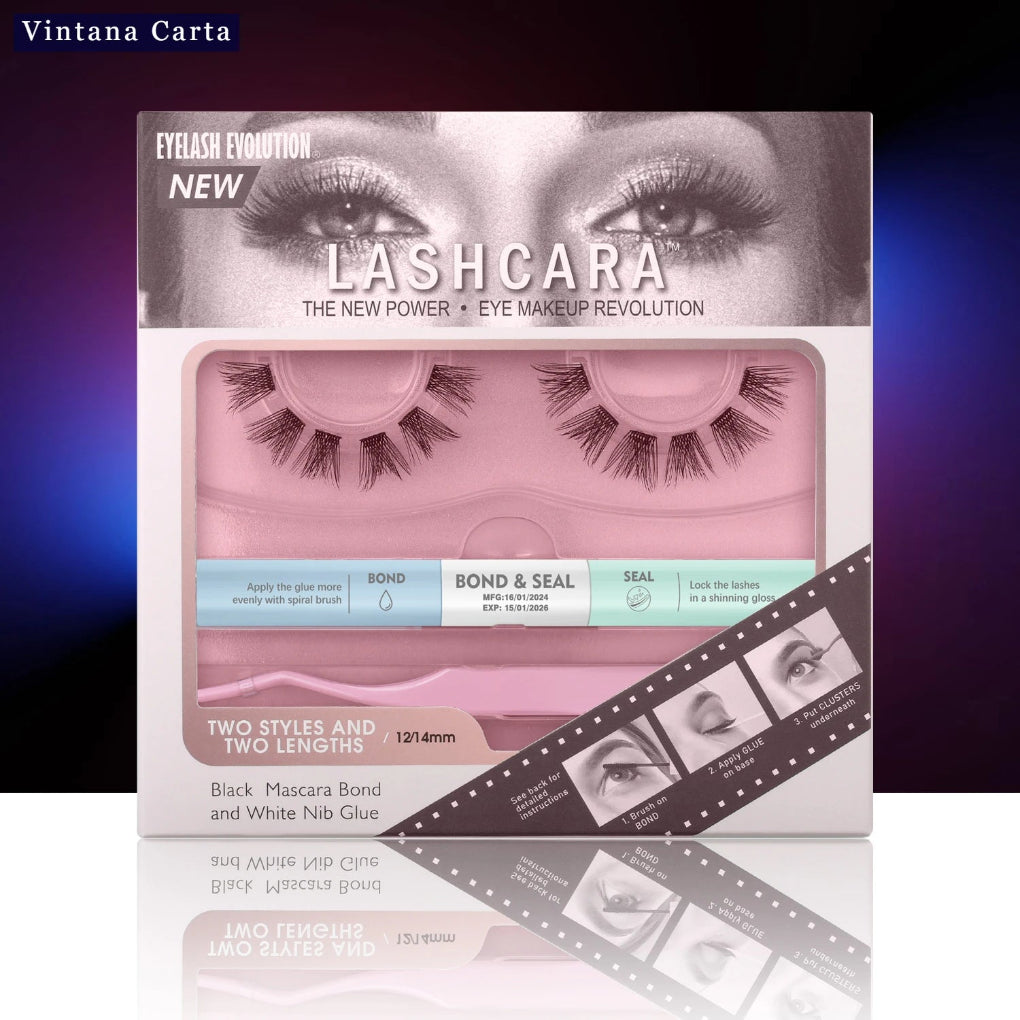 Packaging of DIY Eyelash Extension Individual Lashes with tweezers and eyelash glue. The packaging shows a pair of false eyelashes and includes a window displaying the contents inside.