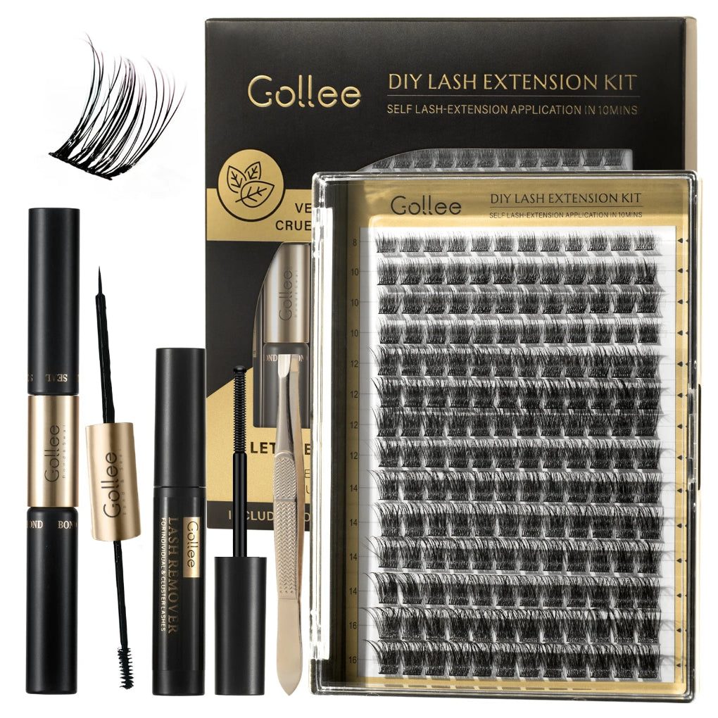 The image shows a DIY cluster lash kit with various components laid out, including applicator, lash remover, and lash bond and seal, with the kit's packaging visible in the background.