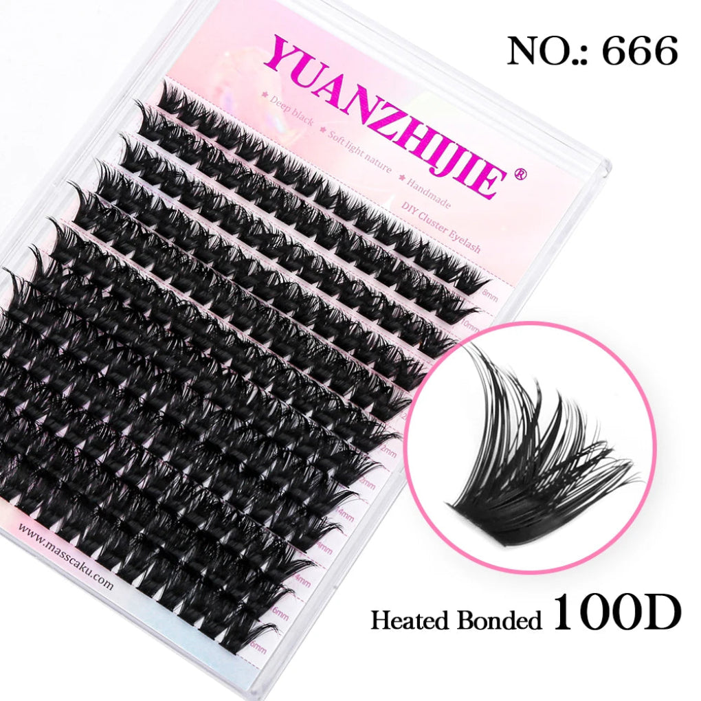 Packaging of YUANZHJIE brand false eyelashes with multiple clusters displayed, alongside an eye close-up showing the effect of the eyelashes.