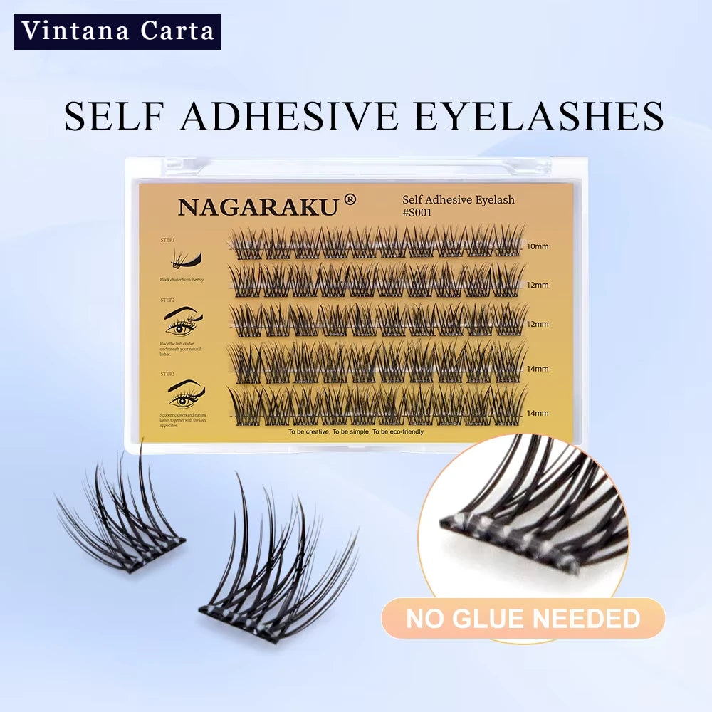 Packaging of self-adhesive eyelashes by Nagaraku, displaying multiple clusters of lashes with varying lengths and a close-up view stating 'NO GLUE NEEDED'.