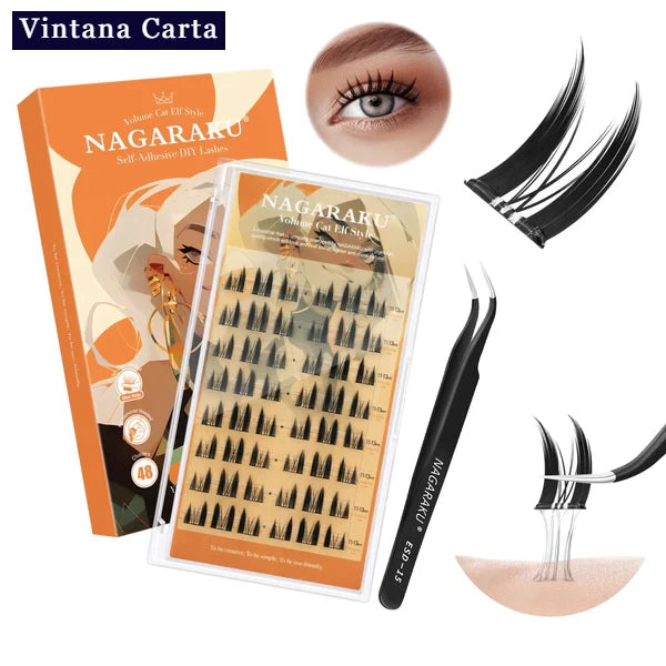 There is a word on the upper left name Vintana Carta higlighed in color dark blue.
There is 1 box of self adhesive eyelashes 40 pcs clusters, and 1 black tweezer. The color of a box is orange color
The one eye on the upper center is a model of adhesive cluster