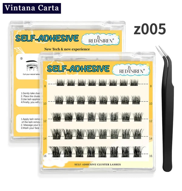 There is a word on the upper left name Vintana Carta higlighed in color dark blue.
There is 1 box of self adhesive eyelashes 55piesces clusters, and 1 black tweezer. there is number z005 on the upper right