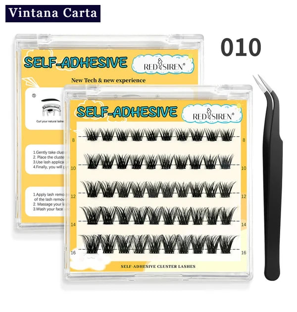 There is a word on the upper left name Vintana Carta higlighed in color dark blue.
There is 1 box of self adhesive eyelashes 55piesces clusters,and 1 black tweezer. there is number 010 on the upper right