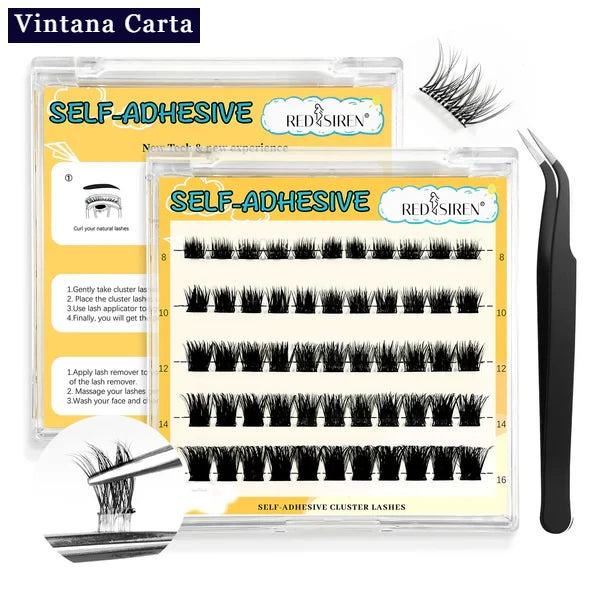There is a word on the upper left name Vintana Carta higlighed in color dark blue.
There is 1 box of self adhesive eyelashes 55piesces clusters,and 1 black tweezer.