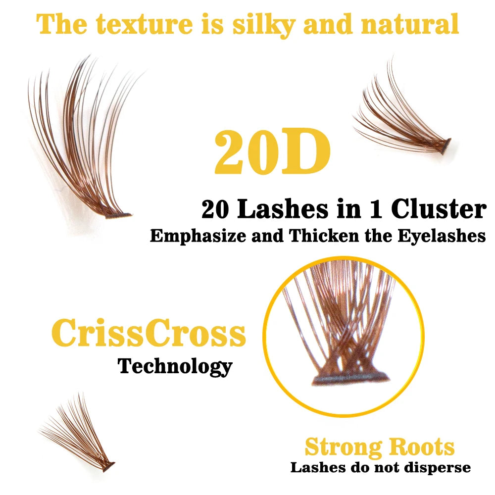 20 Lashes in 1 cluster emphasize and thicken the eyelashes, crisscross technology, strong roots,
