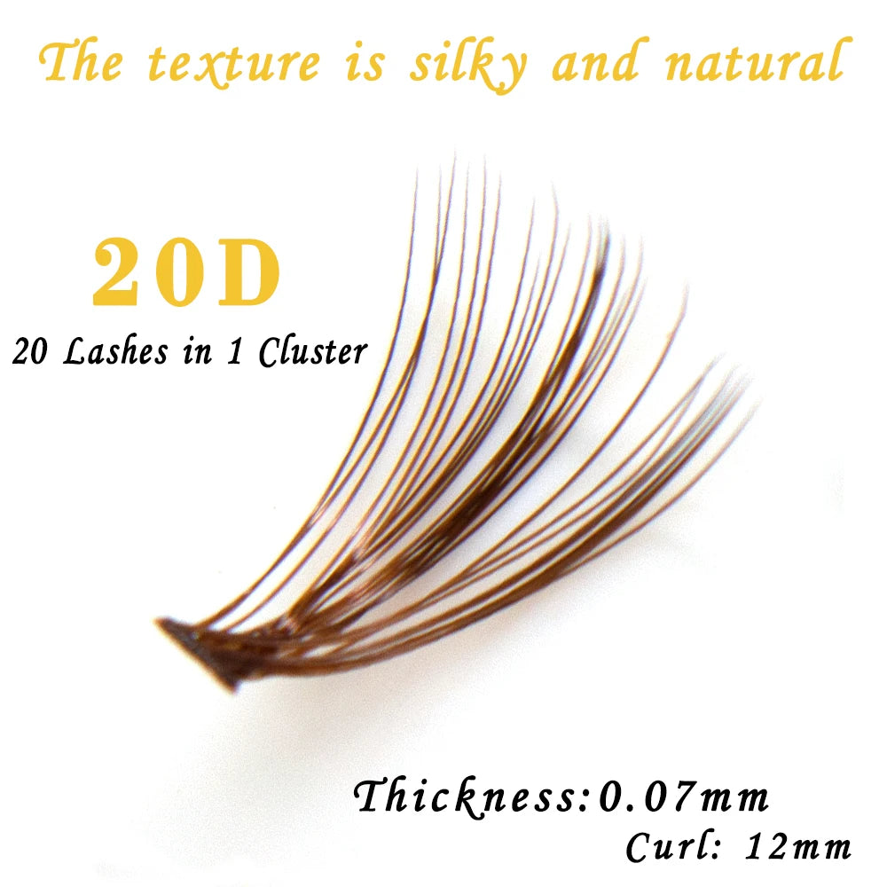The texture is silky and natural 20D 20 lashes in 1 cluster, thickness,0.07mm,curl: 12mm