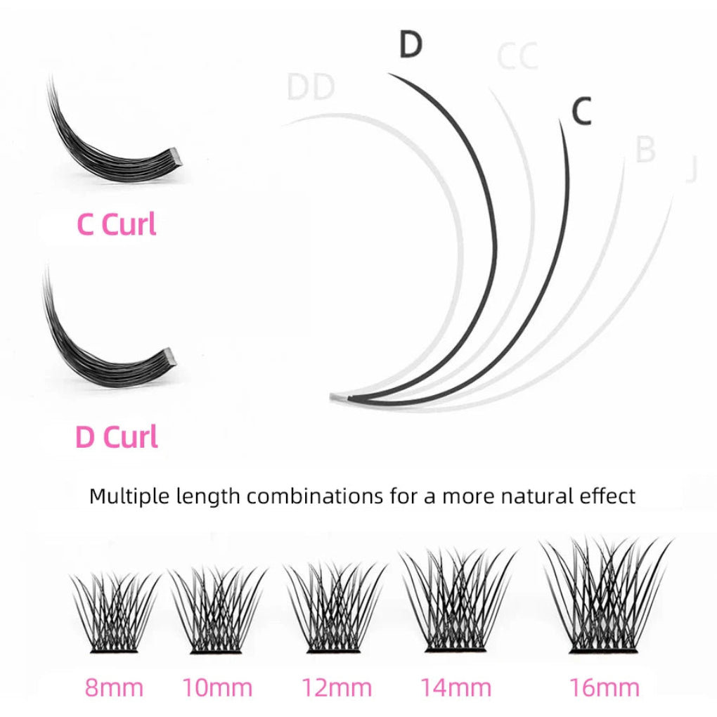 Comparison of d curl and C curl eyelashes multiple lenght combination for a more natural effect, 8mm, 10mm 12mm, 14mm,16mm