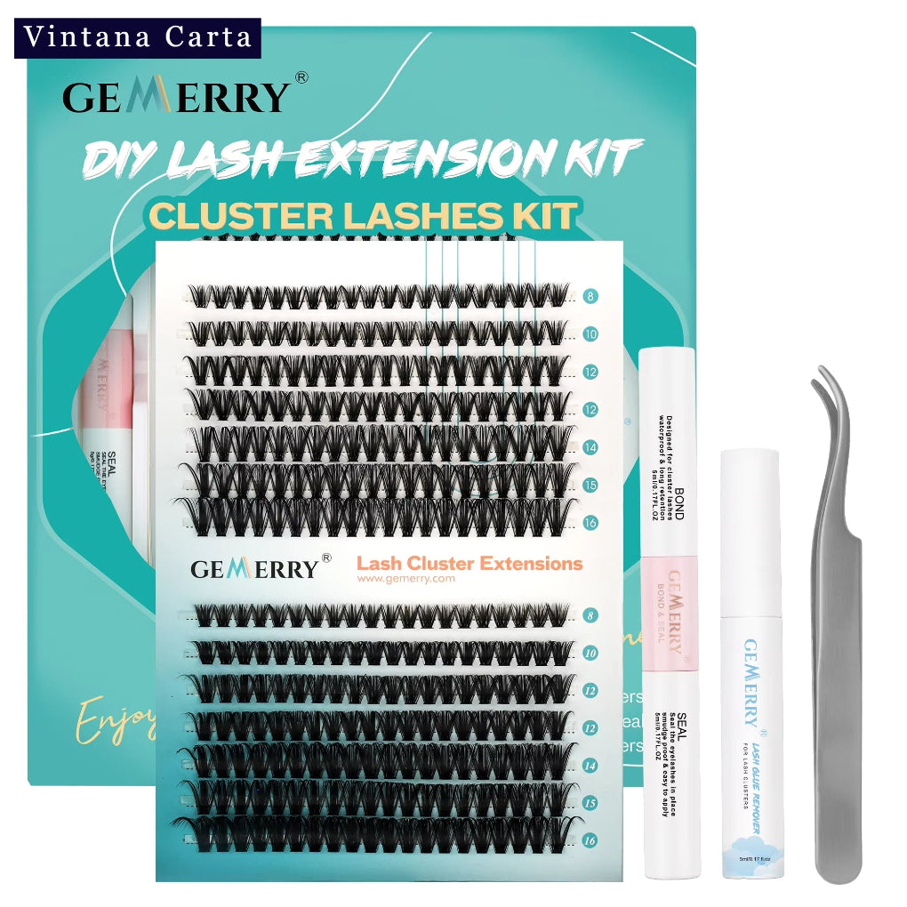 An eyelash extension kit by Vintana Carta, including 280 pieces of lash clusters, a tube of lash bond, a tube of seal, a tube of glue remover, and a tweezer.