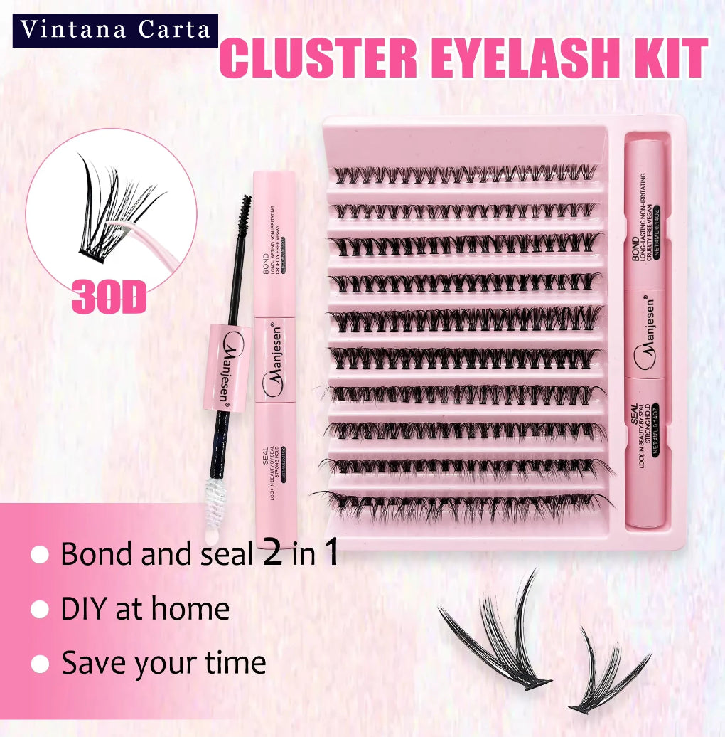 The image shows a cluster eyelash kit by Vintana Carta, which includes a box of 200 pieces of cluster lashes, a tube of eyelash adhesive, and a tube of clear lash top coat. The packaging is primarily pink with the lashes displayed in a cluster form.