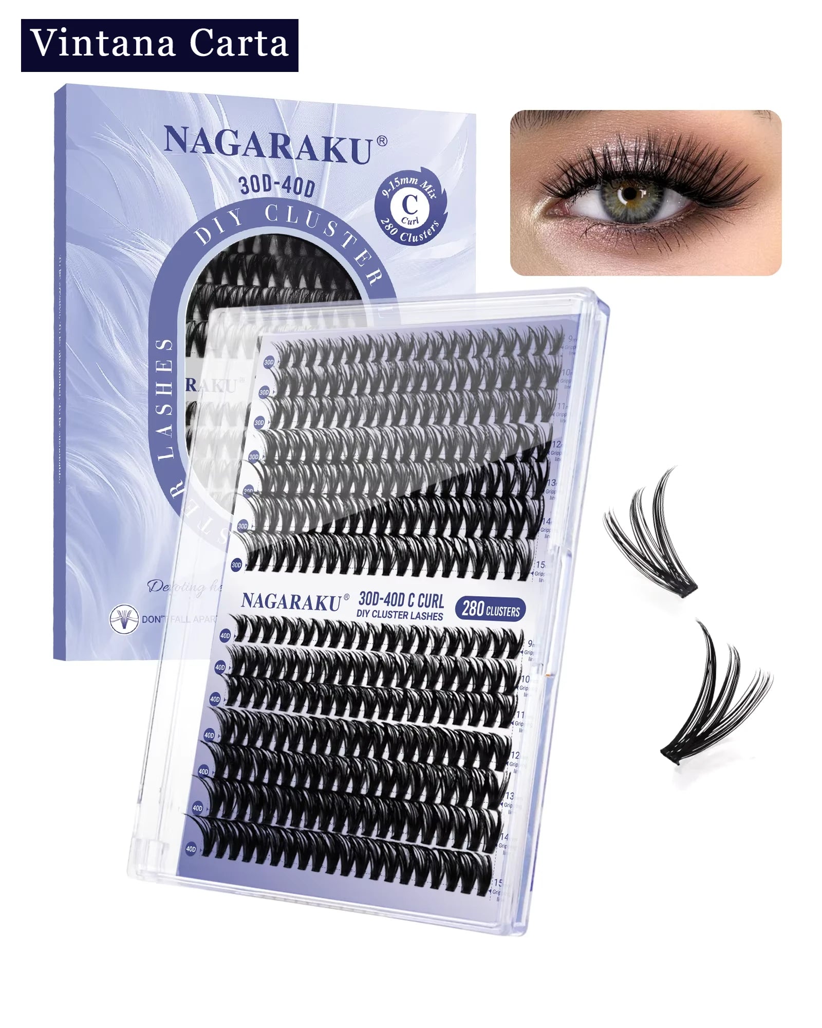 Packaging and individual false eyelashes displayed outside the packaging, indicating a D curl shape and varying lengths from 9-15mm.