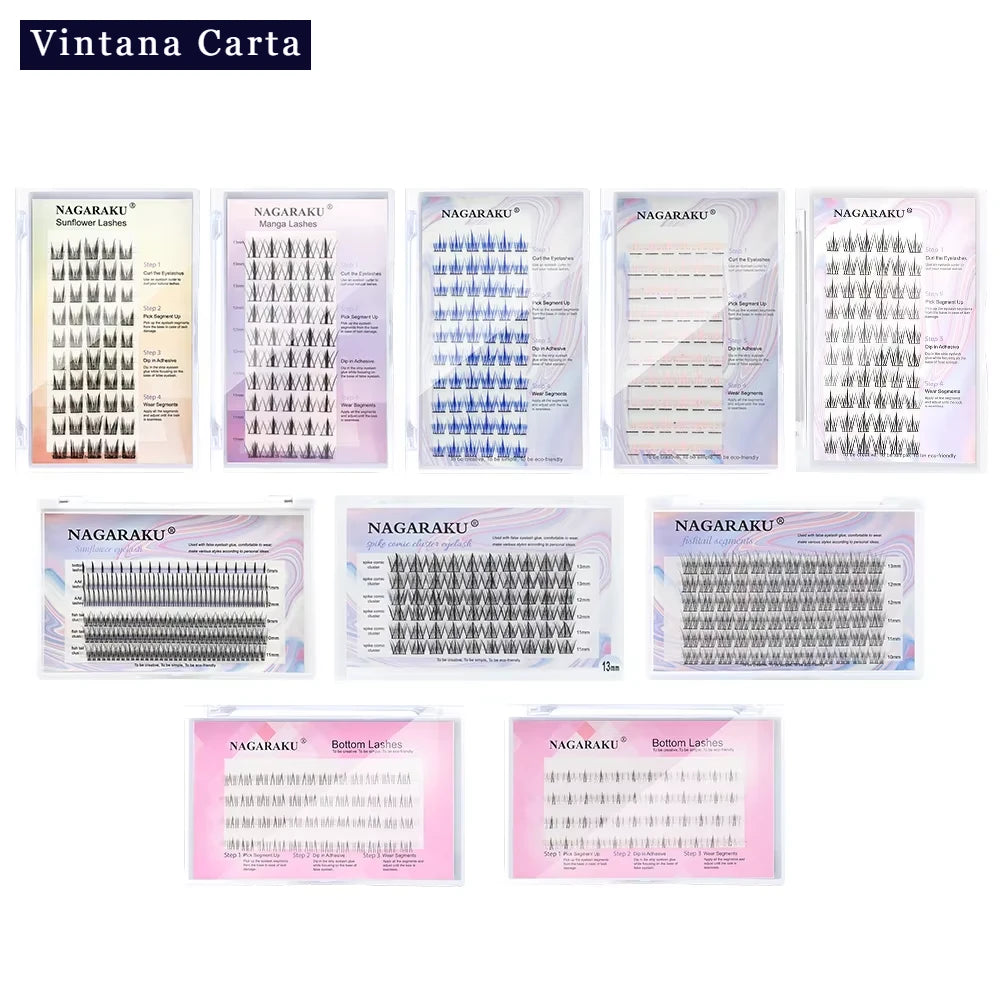 Various packs of false eyelashes displayed in rows. Each pack is labeled and some have visual examples of the lashes.