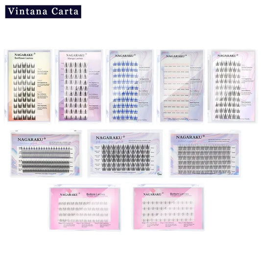 Various packs of false eyelashes displayed in rows. Each pack is labeled and some have visual examples of the lashes.