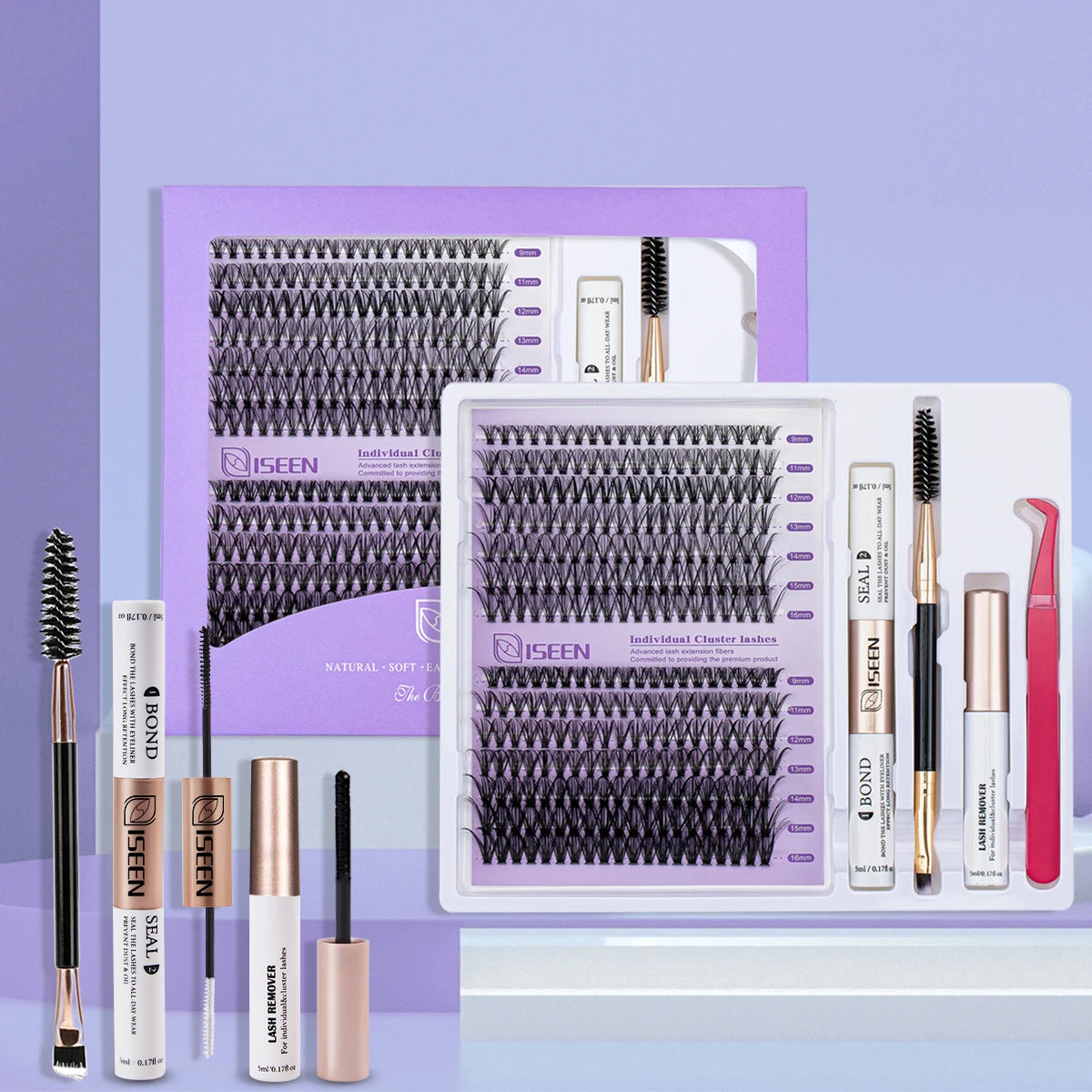 1 Set of individual cluster eyelashes with bond, eyelash brush, lash remover, and tweezer.