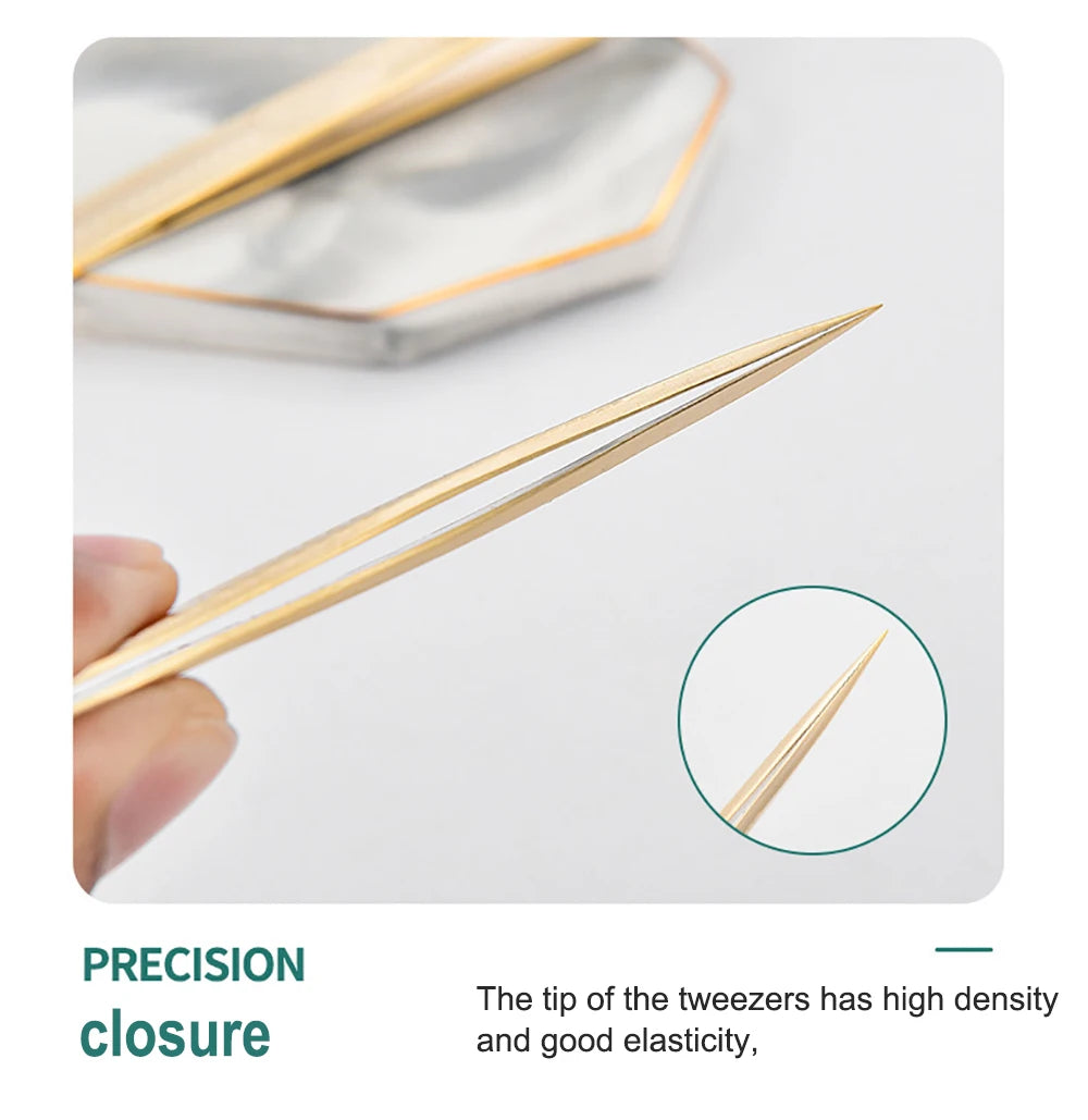 Eyelash Tweezers Professional Golden Stainless Steel High Precision