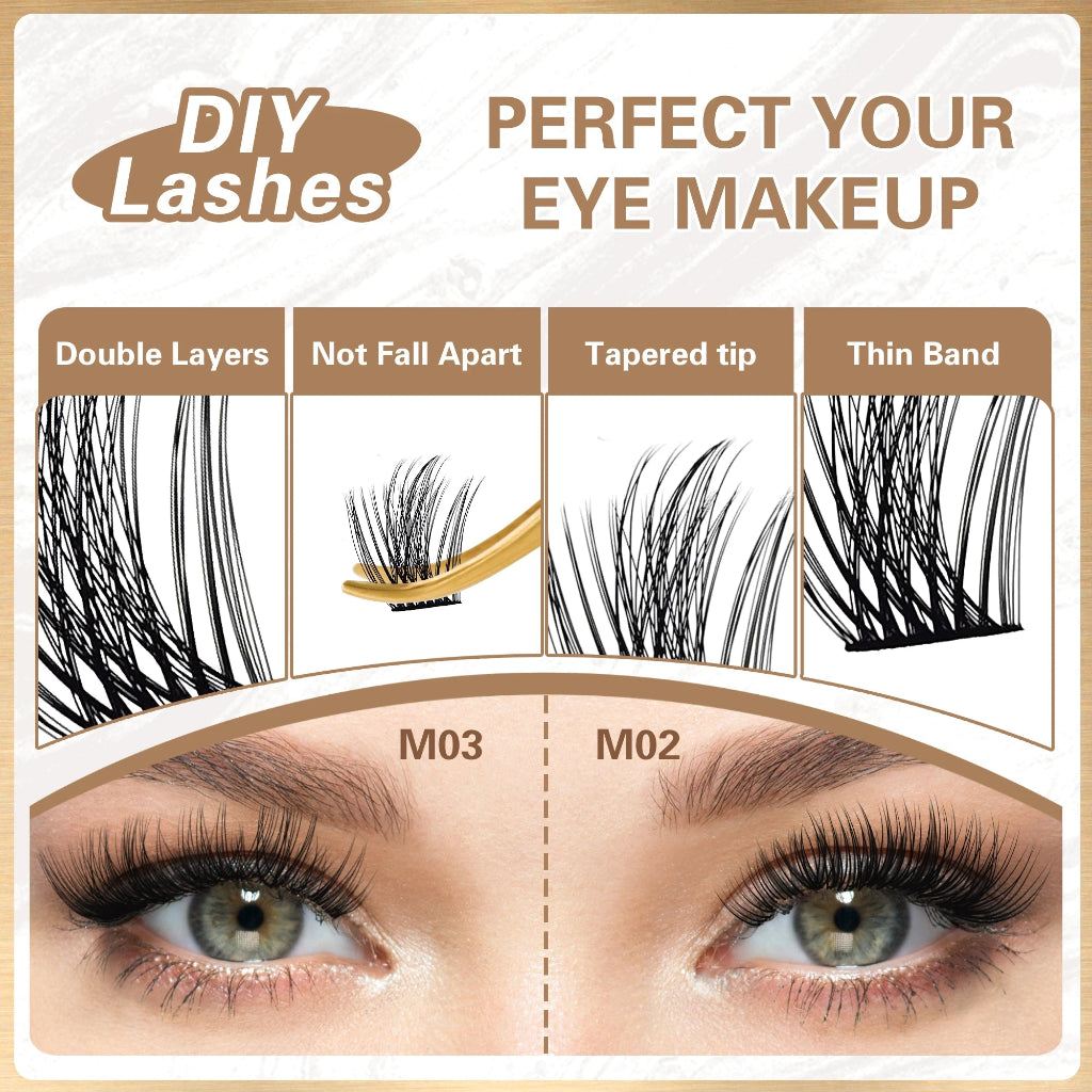There is an eyelahes model on the photo. The left side is M03 and the right side is MO2 comparison 