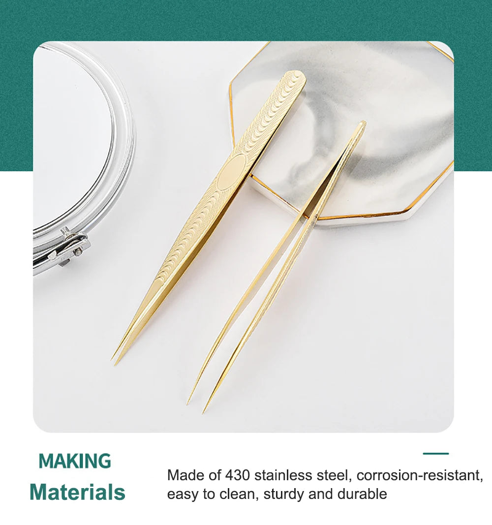Eyelash Tweezers Professional Golden Stainless Steel High Precision