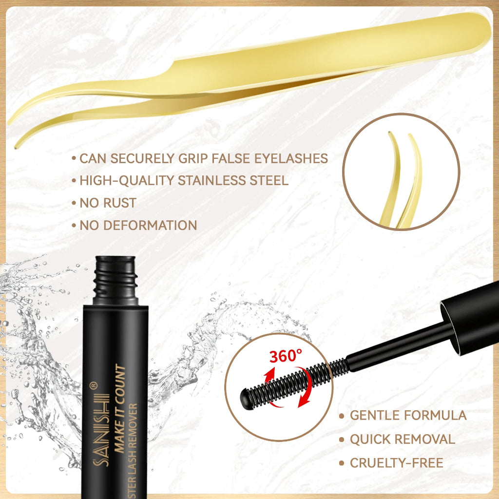 The product is 1 eyelash remover with black color, and 1 gold tweezer. Can securely grip false eyelashes, high quality stainless steel, no rust, no deormation.