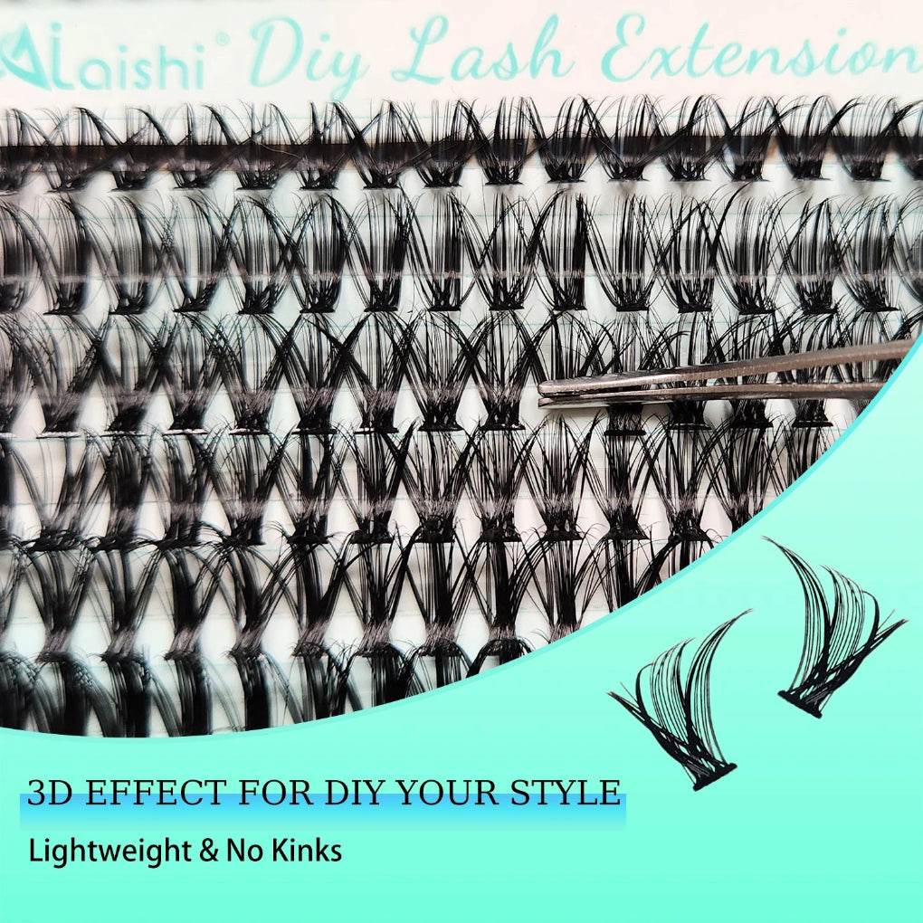 Lash extension with text 'Aloishi DIY Lash Extension' and promotional text on a light blue background.