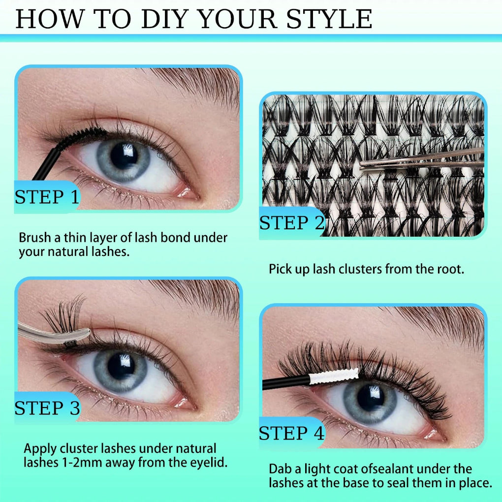 Step-by-step guide on how to apply false eyelashes with text instructions.