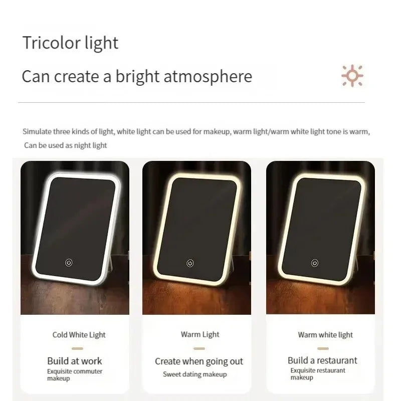 LED Makeup Mirror with Stand  Desktop Folding Compact Square Travel