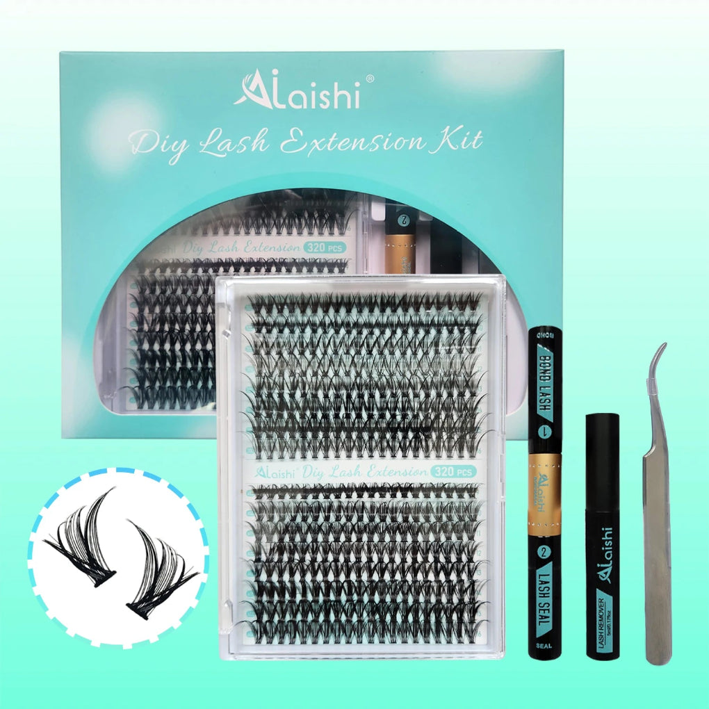 A kit for DIY eyelash extension including individual lashes in a box, a tube of eyelash bond and a pair of tweezers, displayed on a white background.