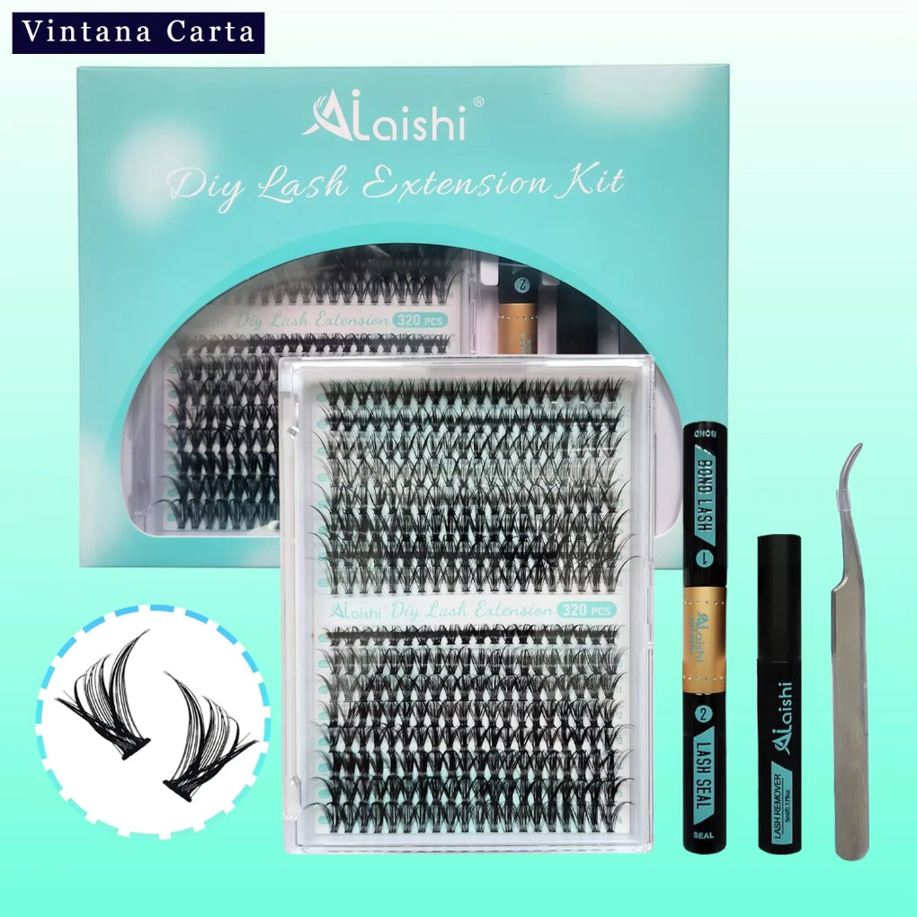 A kit for DIY eyelash extension including individual lashes in a box, a tube of eyelash bond and a pair of tweezers, displayed on a white background.