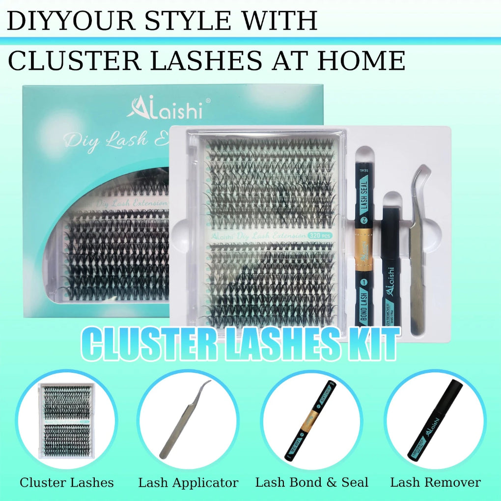 Cluster lashes kit with applicator, bond & seal, and remover on a light blue background.