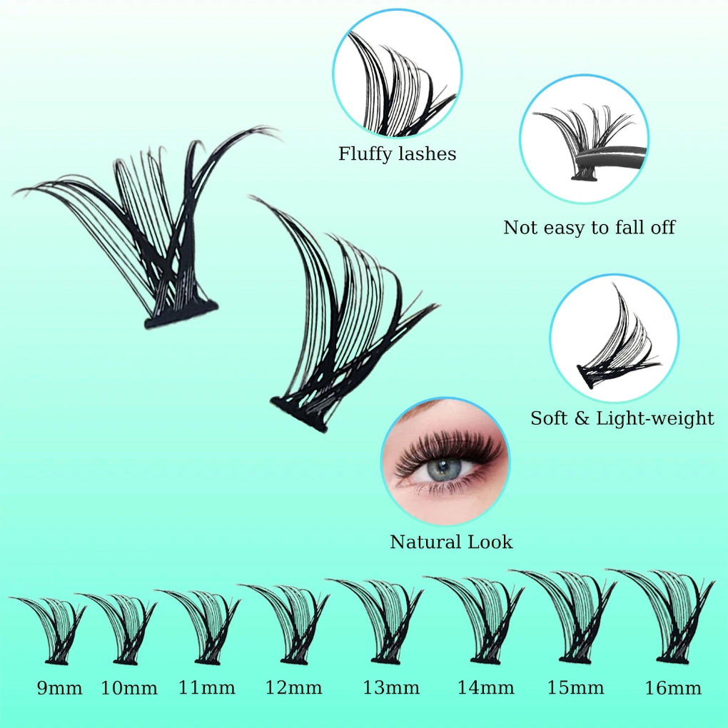 Eyelash product with features highlighted on a light green background