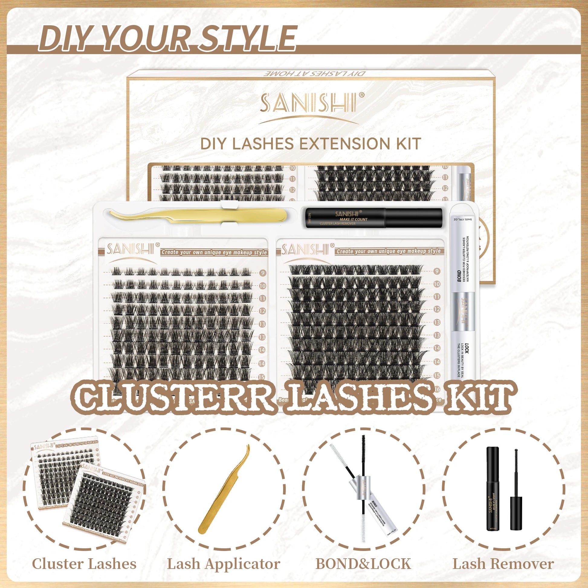 There is 1 box of DIY adhesive cluster eyelashes, and inside the box, there is an eyelash cluster lashes kit, there is a 1pc gold eyelash applicator, 1pc of Bond and Lock for Eyelashes, and Lash remover.