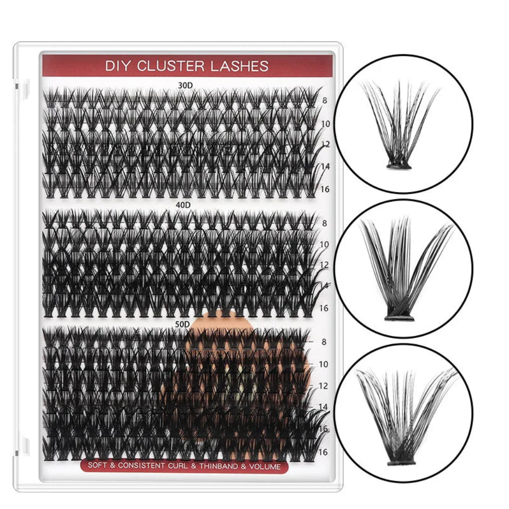A set of individual lashes in various lengths and colors, presented in a clear plastic tray with '30D' indicating the length or technology, on a pink background.