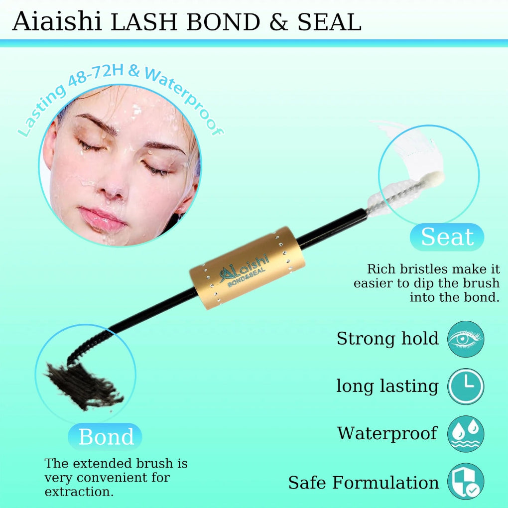 Aiaishi Lash Bond & Seal product with features highlighted on a light blue background